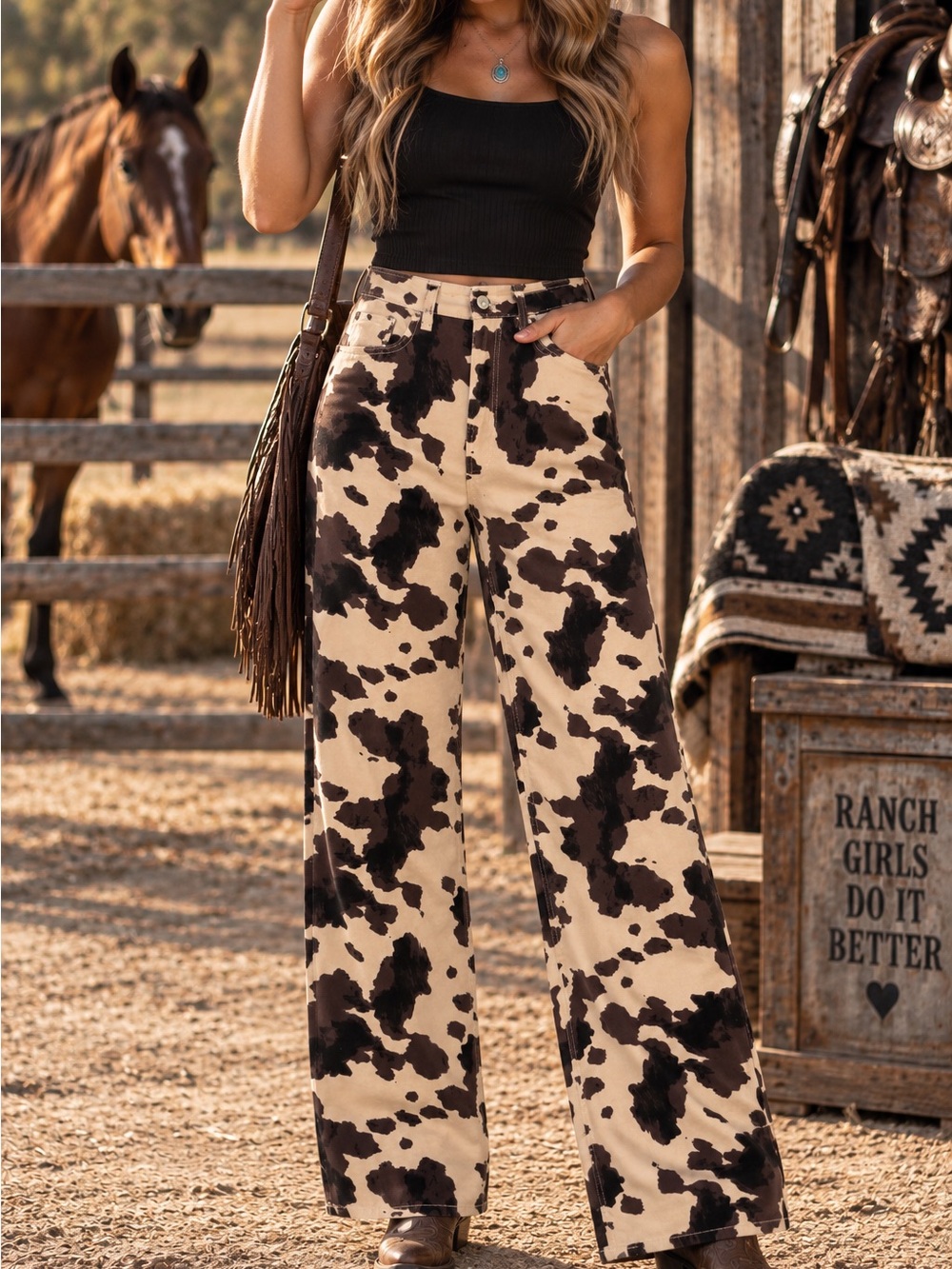 OAT New York Cow Print Wide Leg Western Jeans
